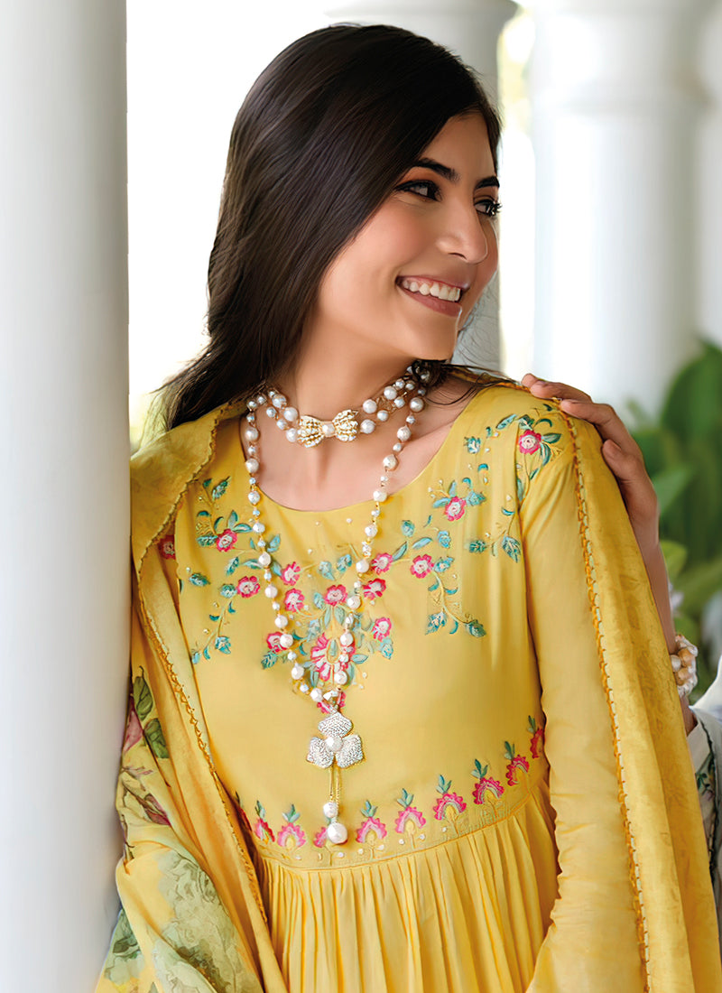 Yellow Embroidery Cotton Anarkali Pant Suit