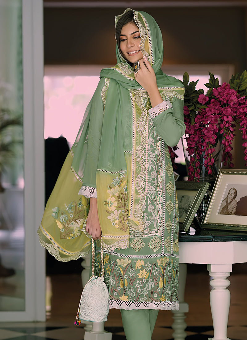 Light Green Multi Embroidery Wedding Pant Style Suit