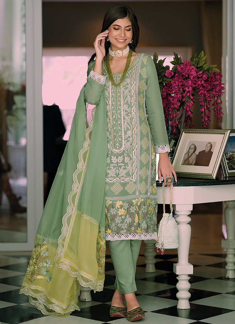 Light Green Multi Embroidery Wedding Pant Style Suit