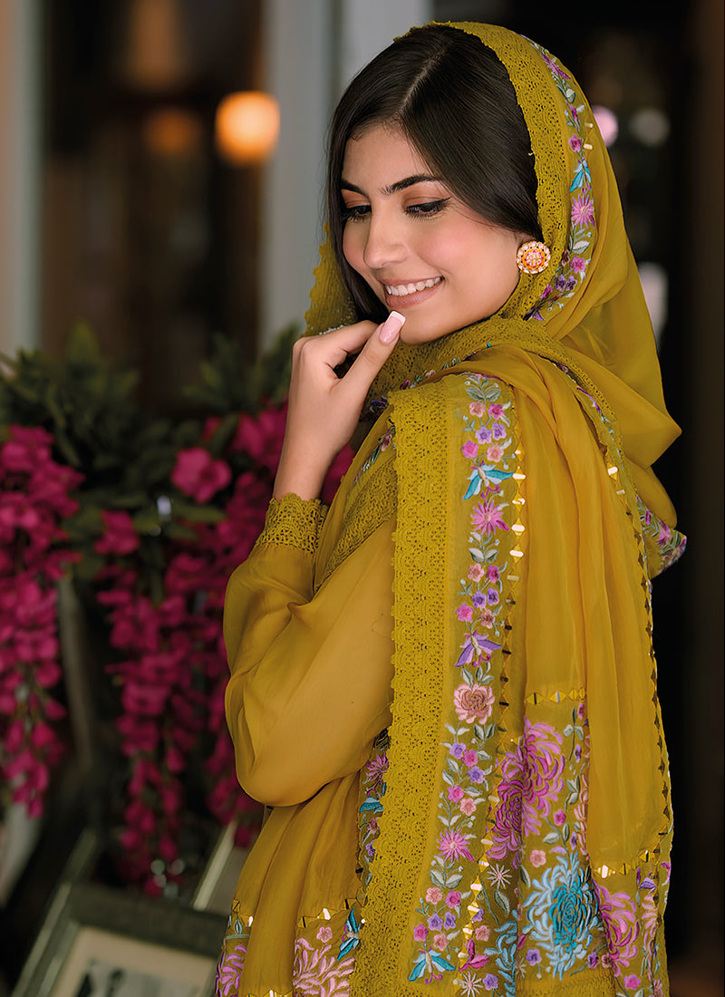 Mustard Yellow Multi Embroidery Wedding Pant Style Suit