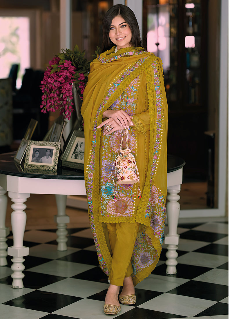 Mustard Yellow Multi Embroidery Wedding Pant Style Suit