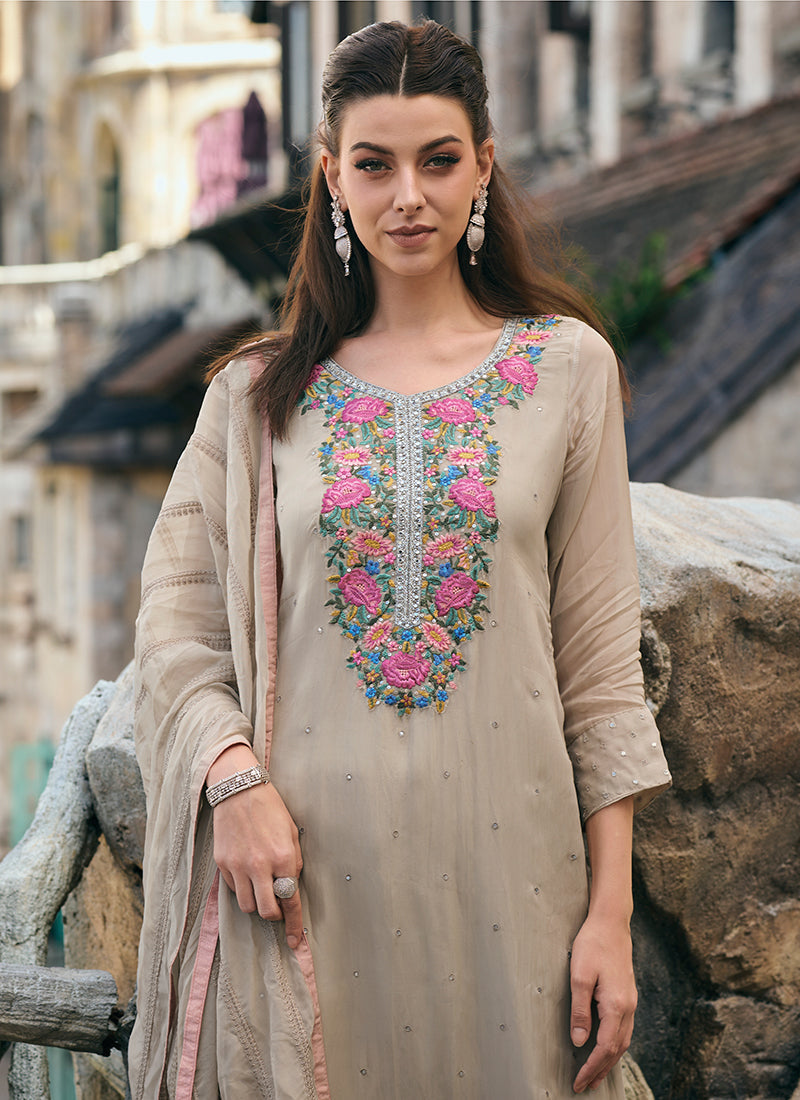 Beige Multi Embroidery Wedding Salwar Kameez