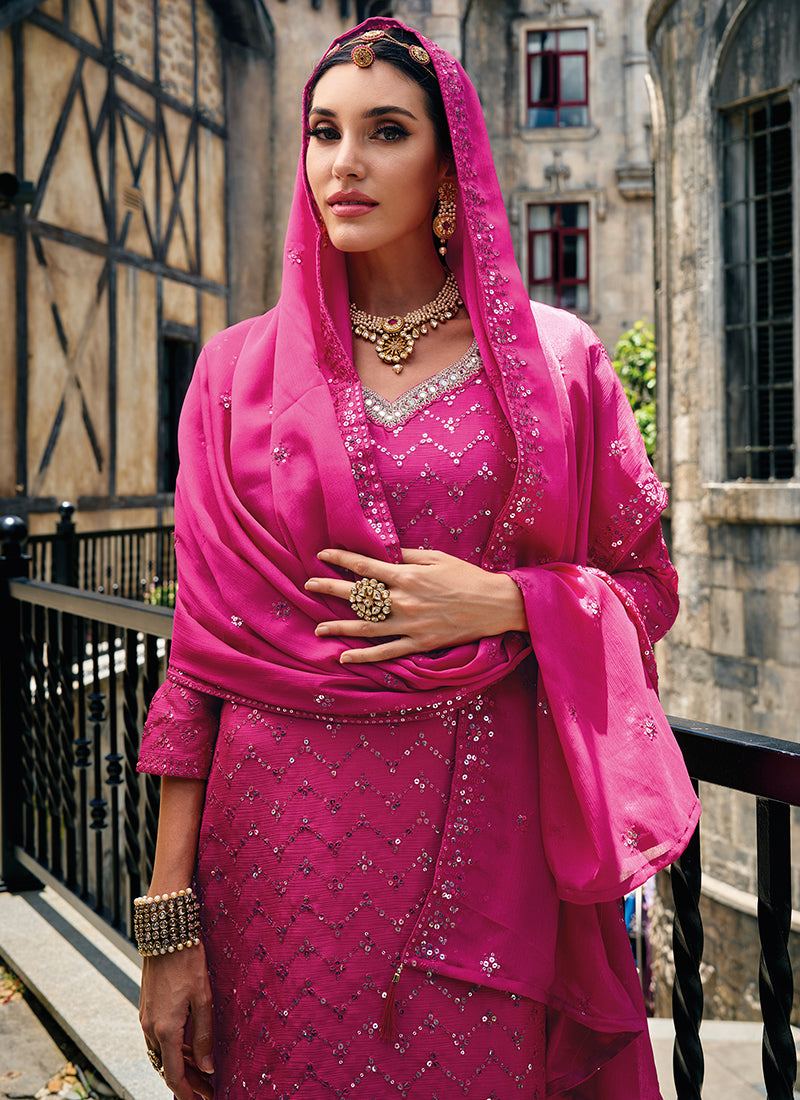 Hot Pink Traditional Embroidery Wedding Gharara Style Suit