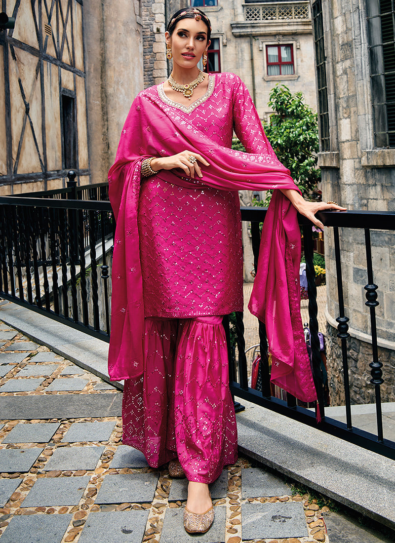 Hot Pink Traditional Embroidery Wedding Gharara Style Suit