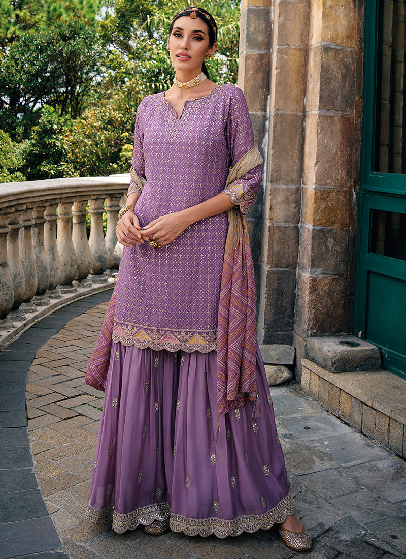 Purple Traditional Embroidery Wedding Gharara Style Suit