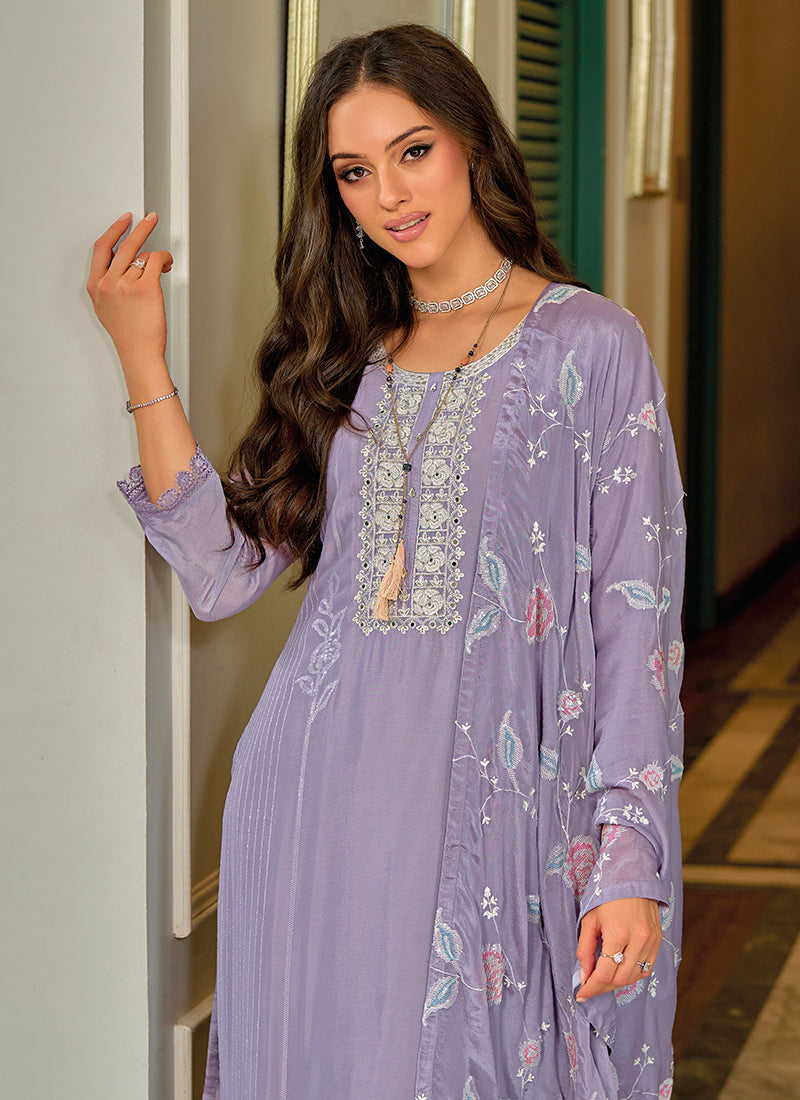 Lavender Designer Embroidery Silk Salwar Suit