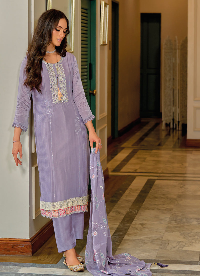 Lavender Designer Embroidery Silk Salwar Suit