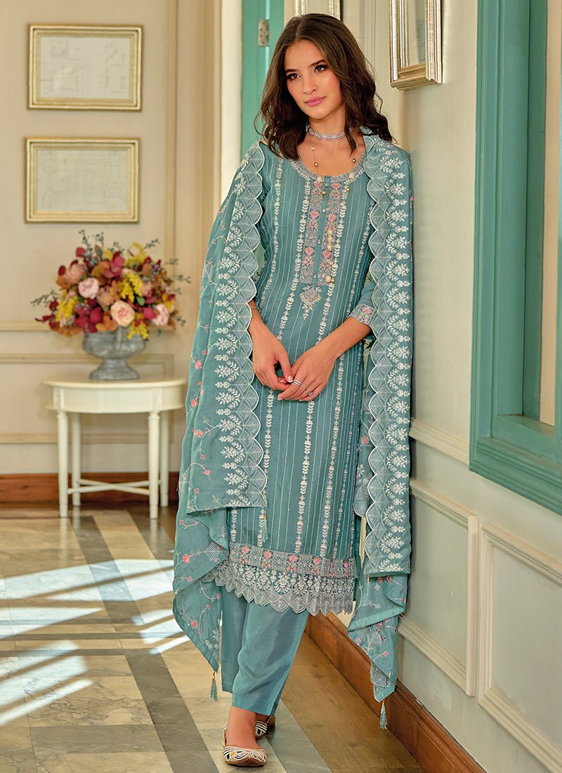 Teal Blue Designer Embroidery Silk Salwar Suit