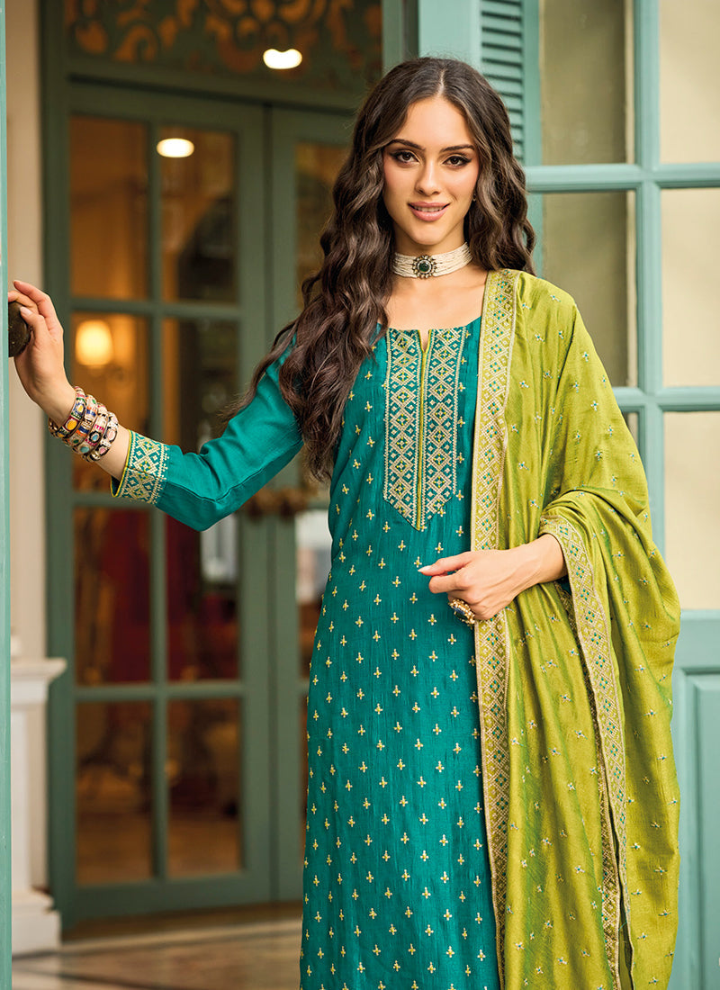 Green Sequence Embroidery Designer Pant Suit