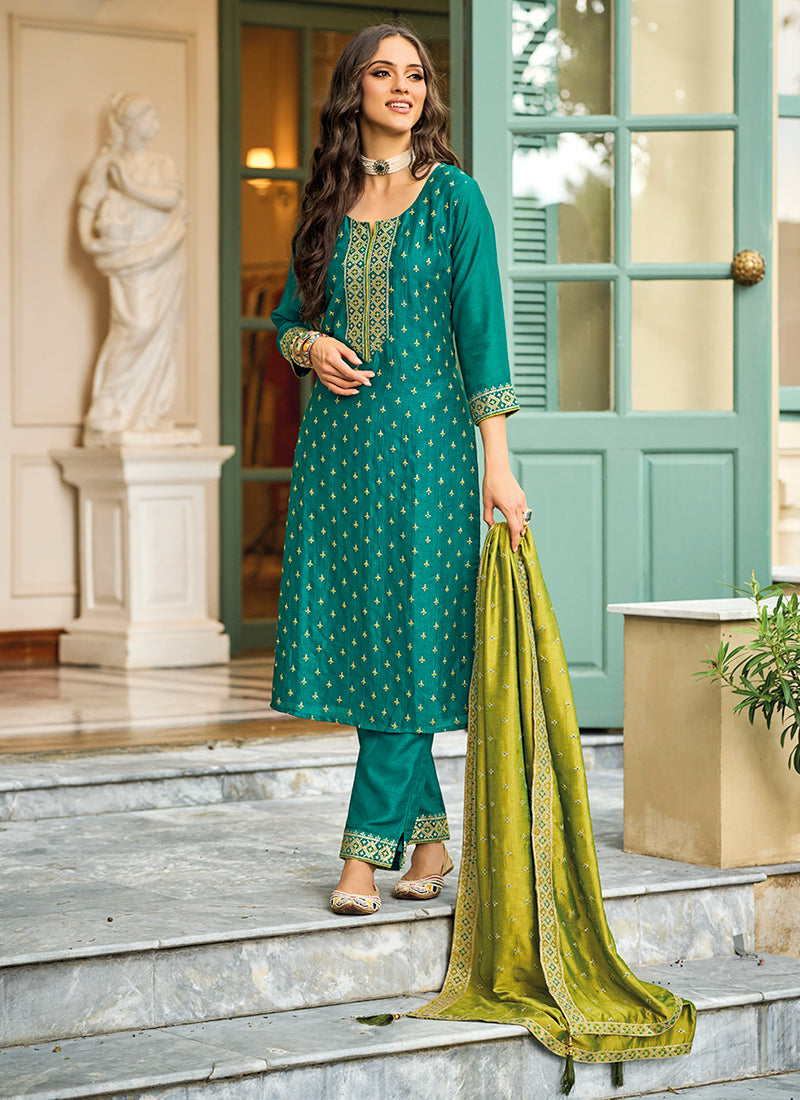 Green Sequence Embroidery Designer Pant Suit