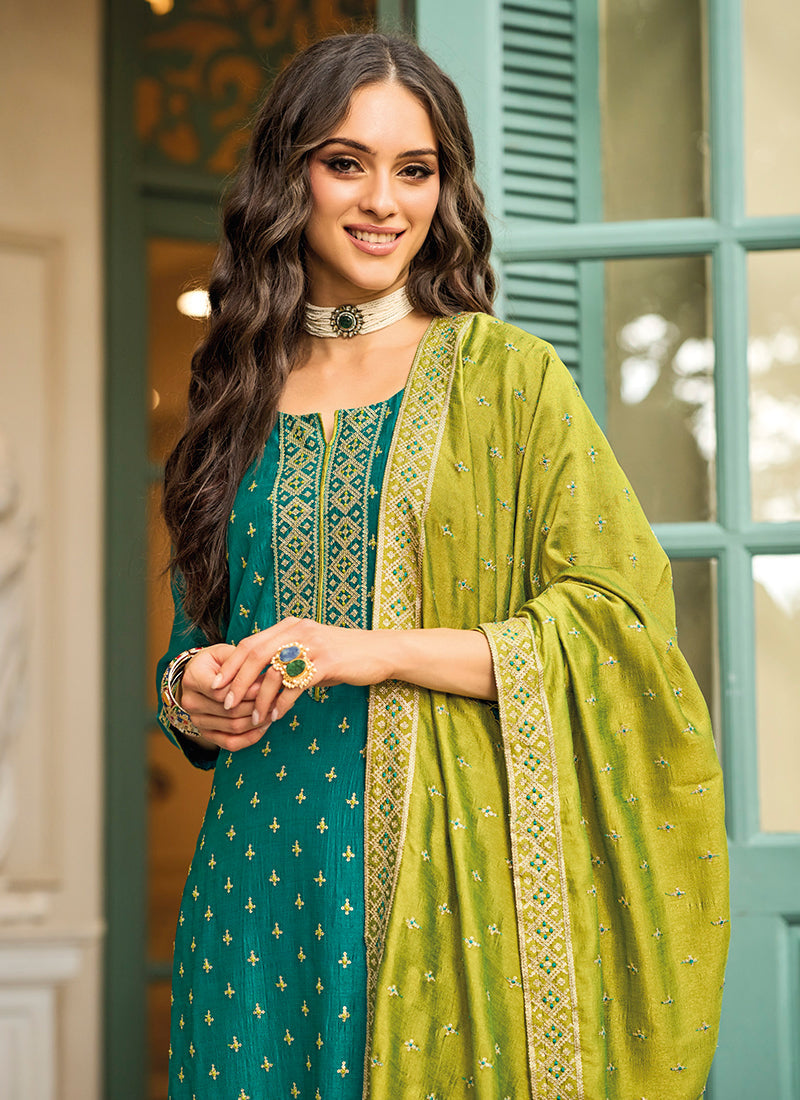 Green Sequence Embroidery Designer Pant Suit