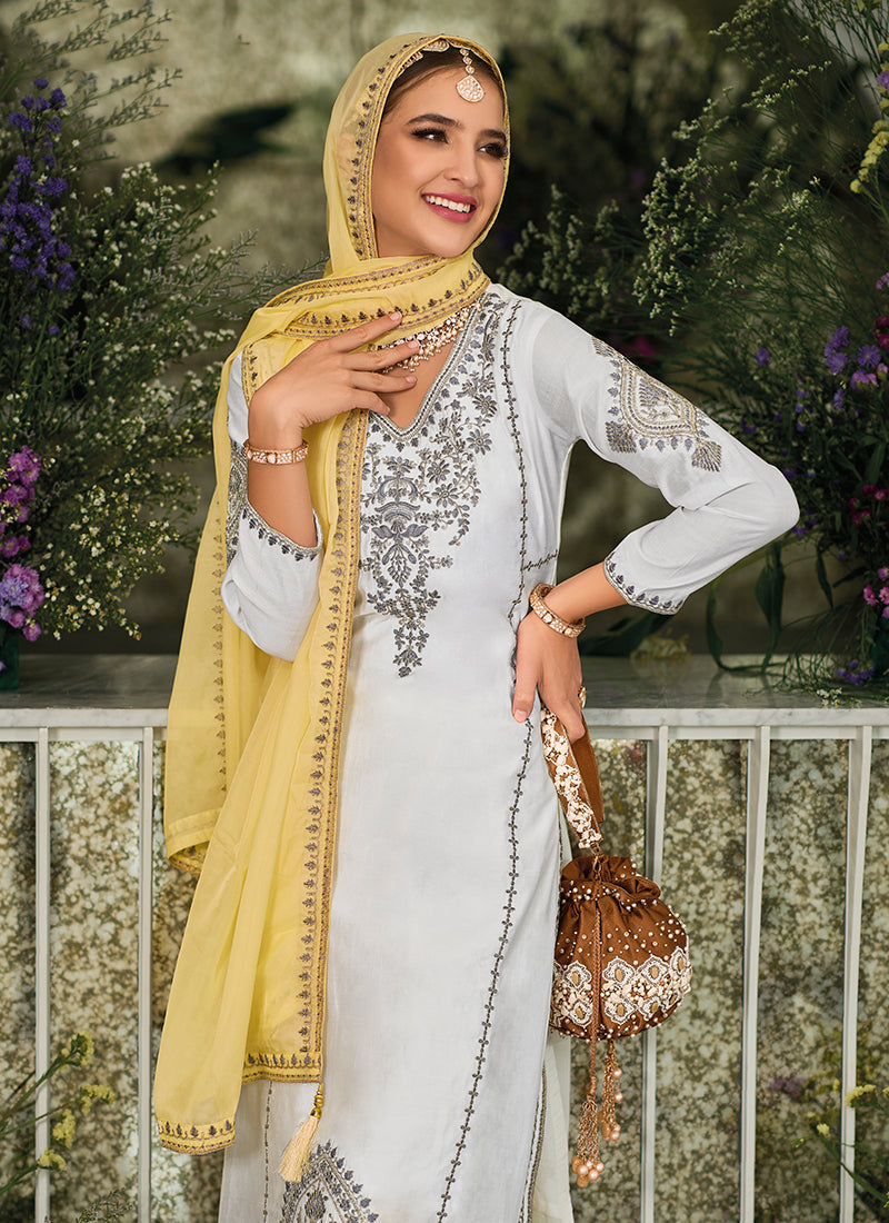 White And Yellow Embroidery Traditional Salwar Kameez