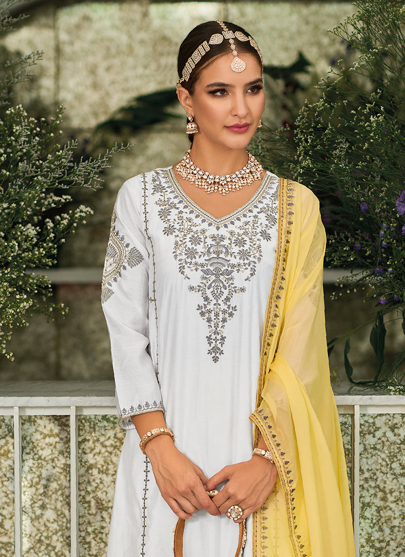 White And Yellow Embroidery Traditional Salwar Kameez