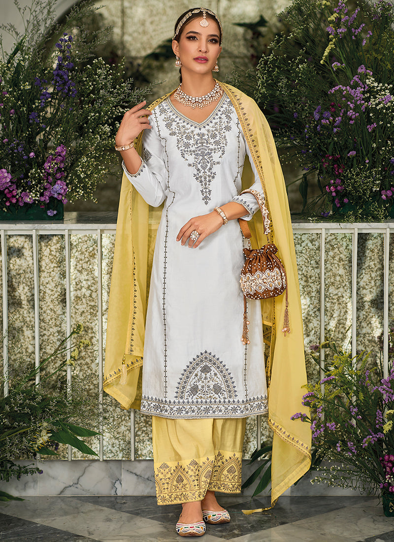 White And Yellow Embroidery Traditional Salwar Kameez