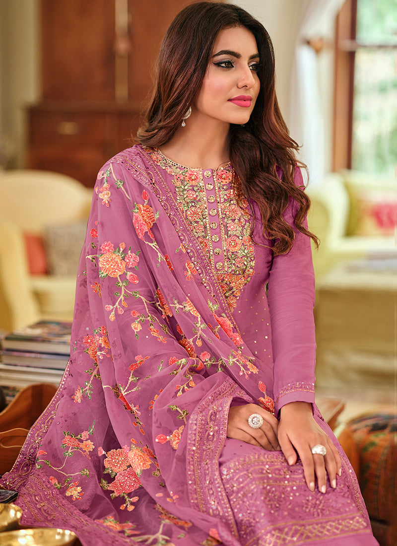 Purple Multi Floral Embroidery Palazzo Suit