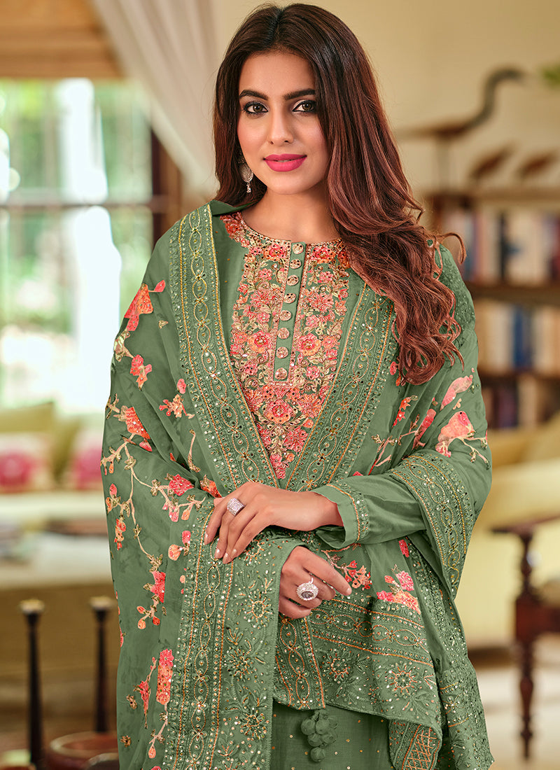 Olive Green Multi Floral Embroidery Palazzo Suit