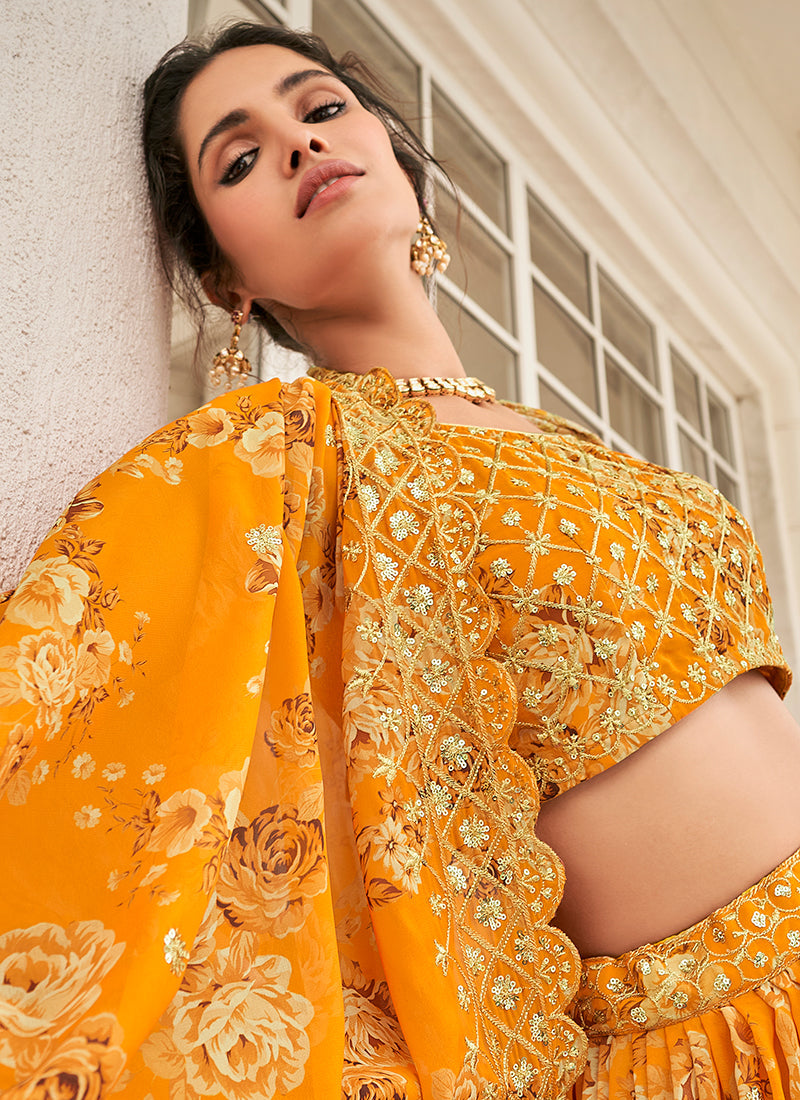 Yellow Sequence Embroidery Floral Printed Lehenga Choli