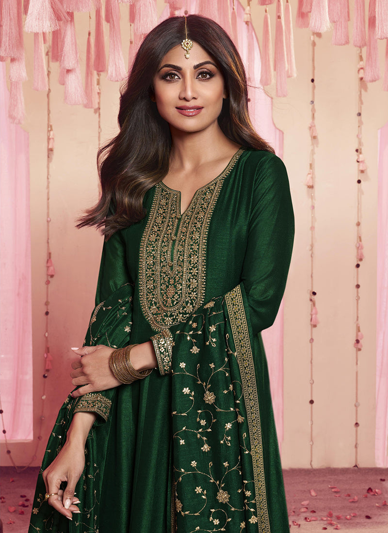 Dark Green Golden Embroidery Traditional Anarkali Suit