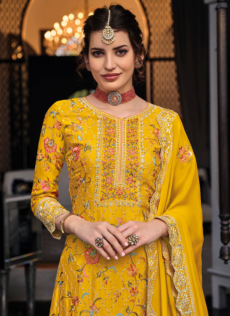 Yellow Multi Embroidered Indian Palazzo Suit