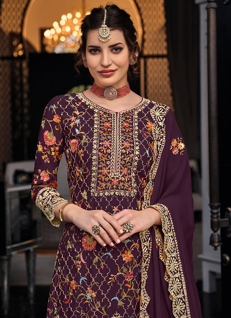 Wine Multi Embroidered Indian Palazzo Suit