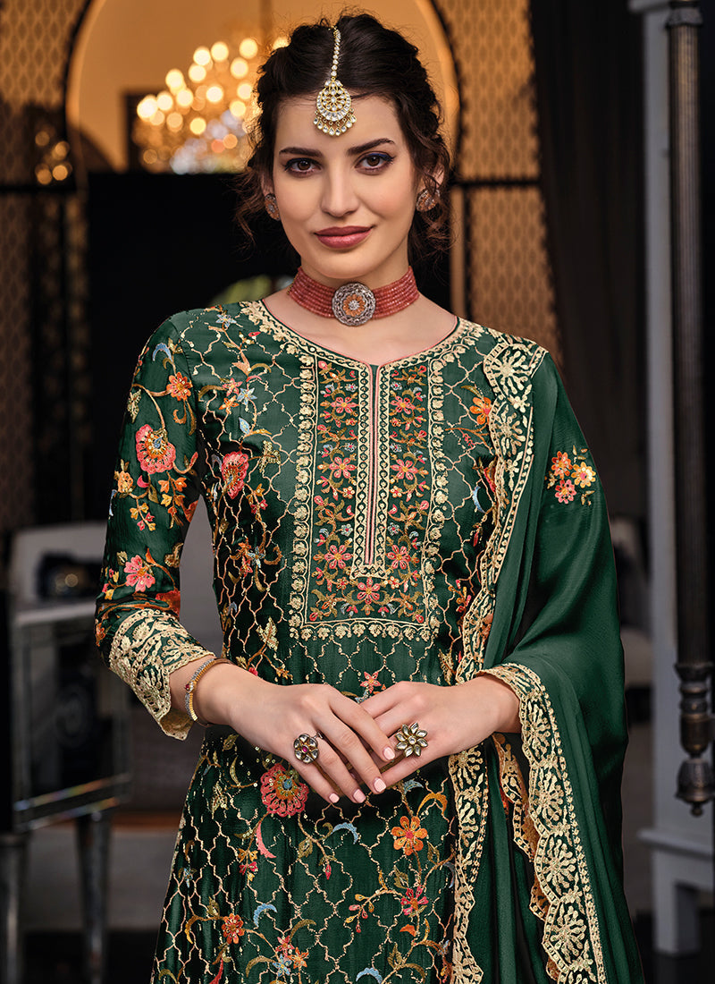 Green Multi Embroidered Indian Palazzo Suit