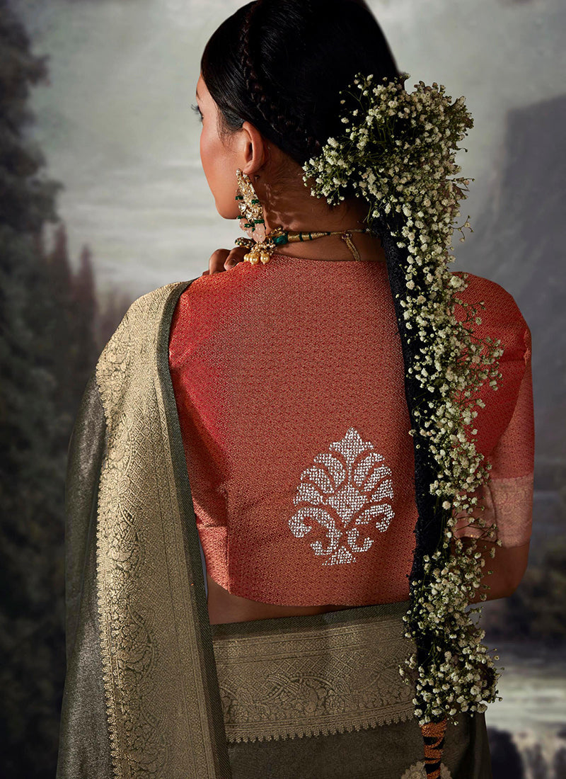 Green And Red Crystal Stone Embellished Brocade Silk Saree