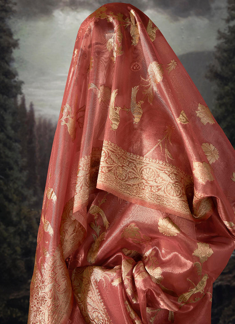 Peach Golden Crystal Stone Embellished Brocade Silk Saree