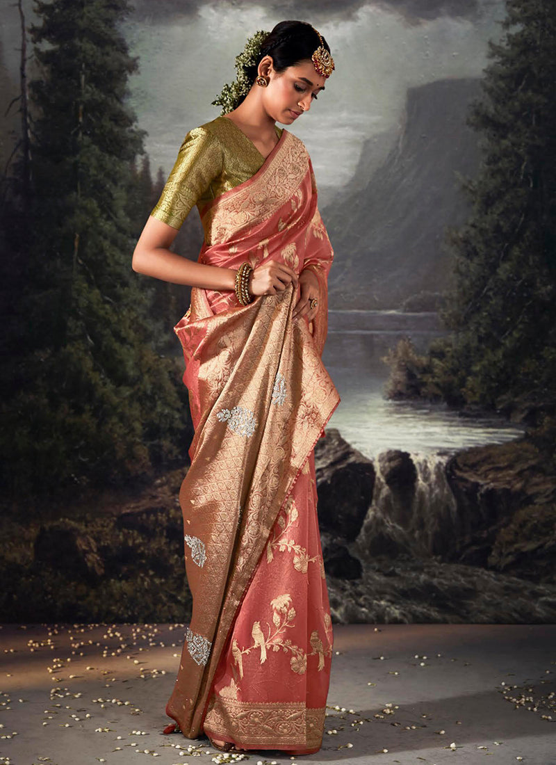 Peach Golden Crystal Stone Embellished Brocade Silk Saree