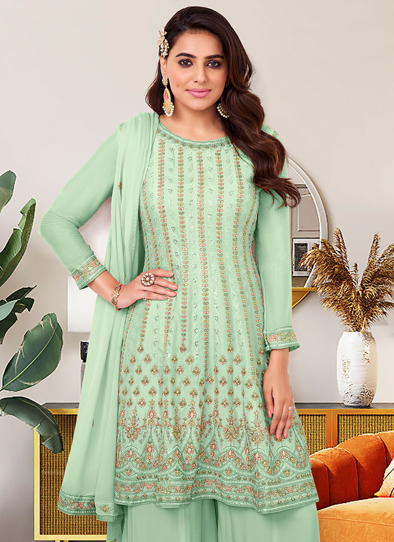 Pista Green Multi Embroidery Traditional Festive Gharara Suit