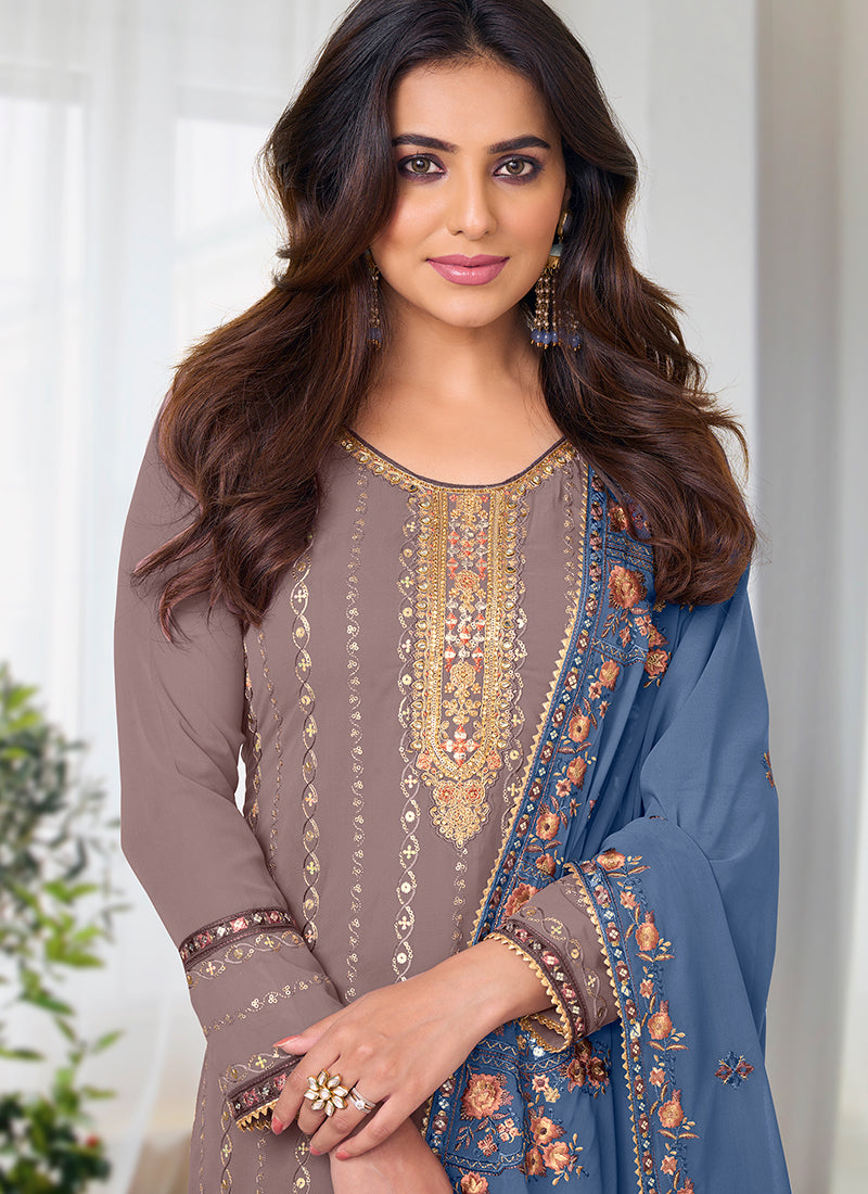 Brown And Blue Multi Embroidery Traditional Pant Suit