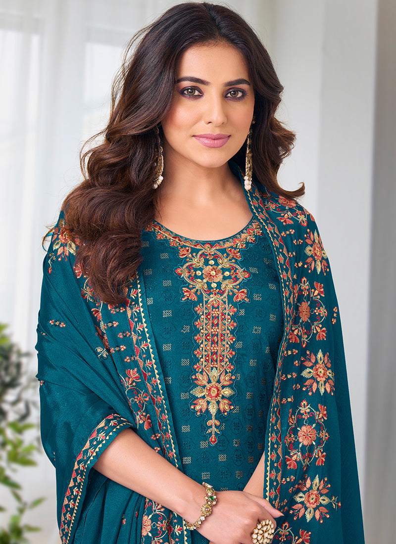 Turquoise Multi Embroidery Traditional Pant Suit