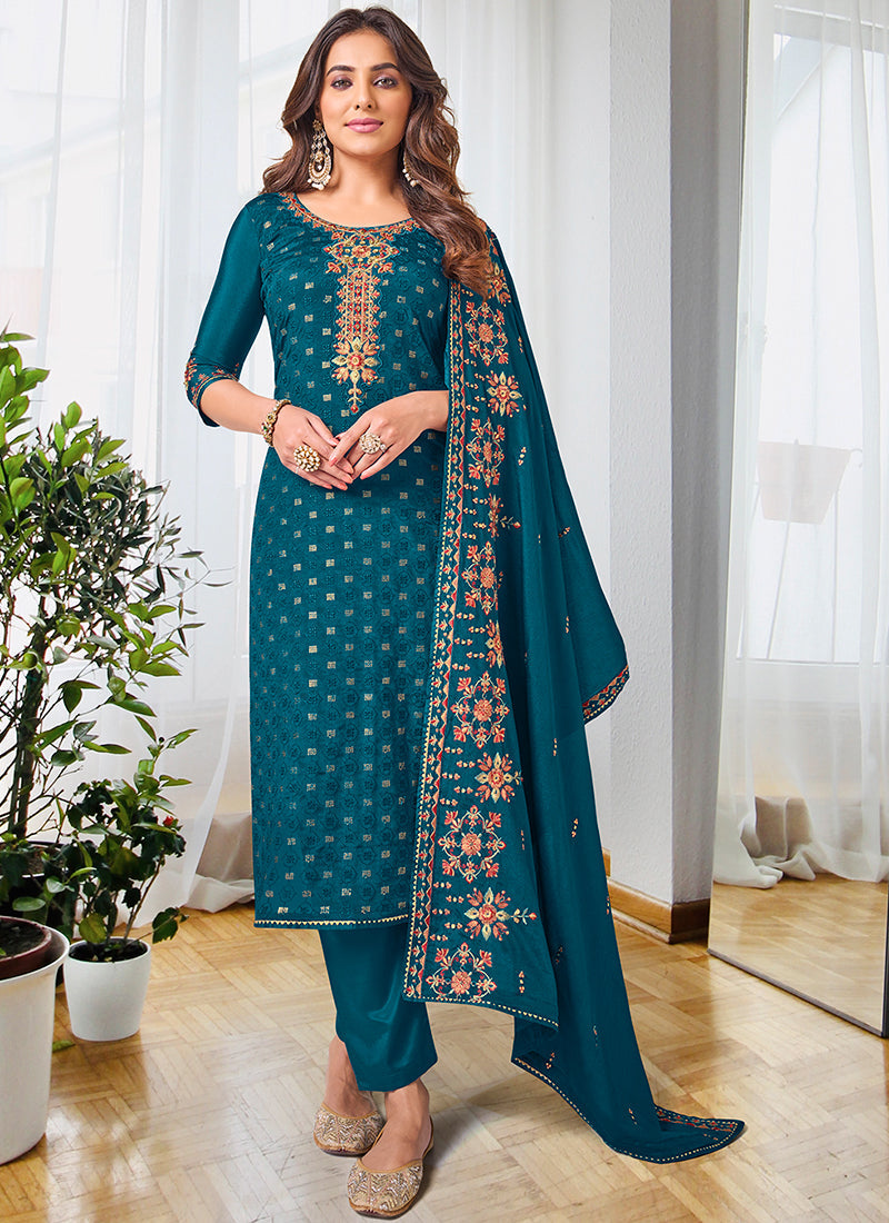 Turquoise Multi Embroidery Traditional Pant Suit