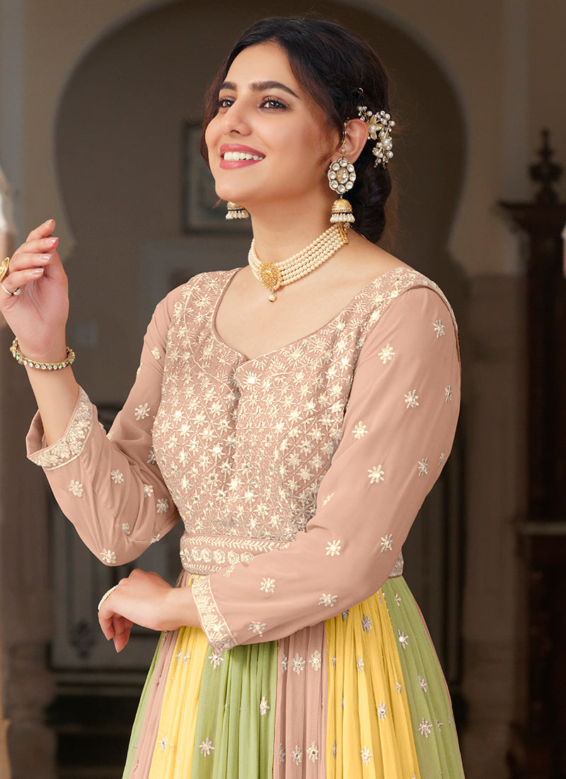 Beige Multicoloured Mirror Work Embroidery Anarkali Gown