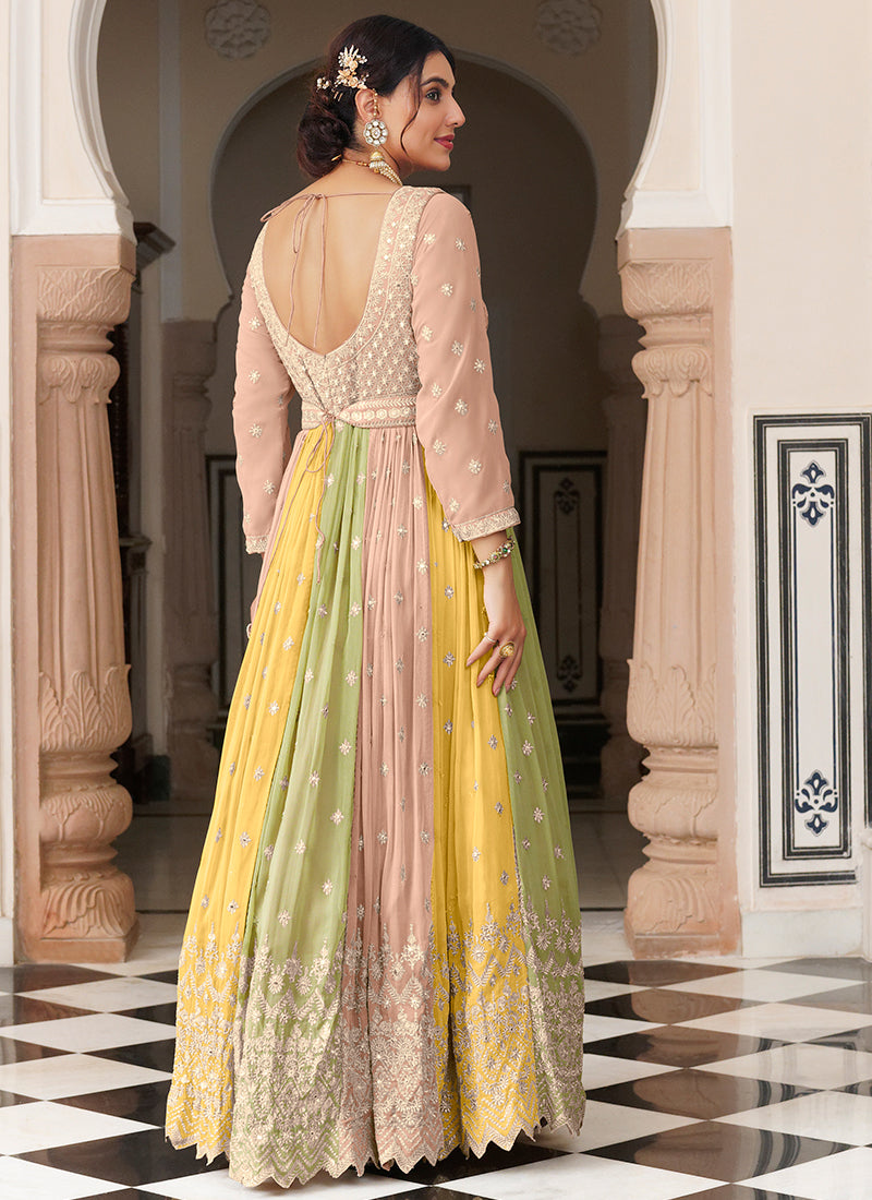 Beige Multicoloured Mirror Work Embroidery Anarkali Gown