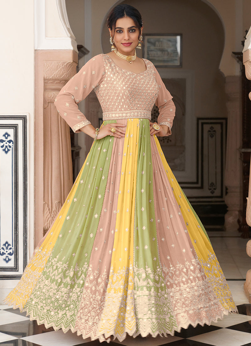 Beige Multicoloured Mirror Work Embroidery Anarkali Gown