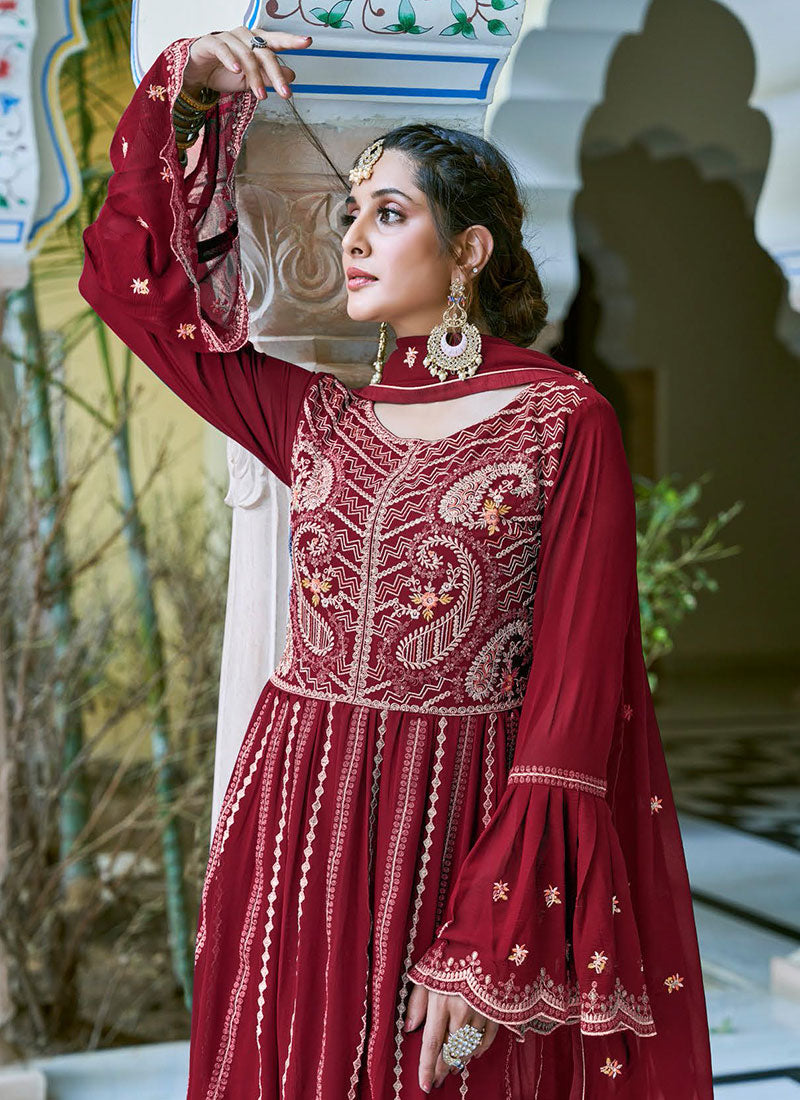 Red Multi Thread Embroidery Anarkali Palazzo Suit