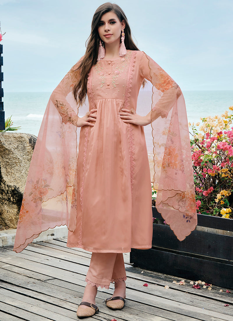 Peach Handwork Embroidery Anarkali Pant Suit