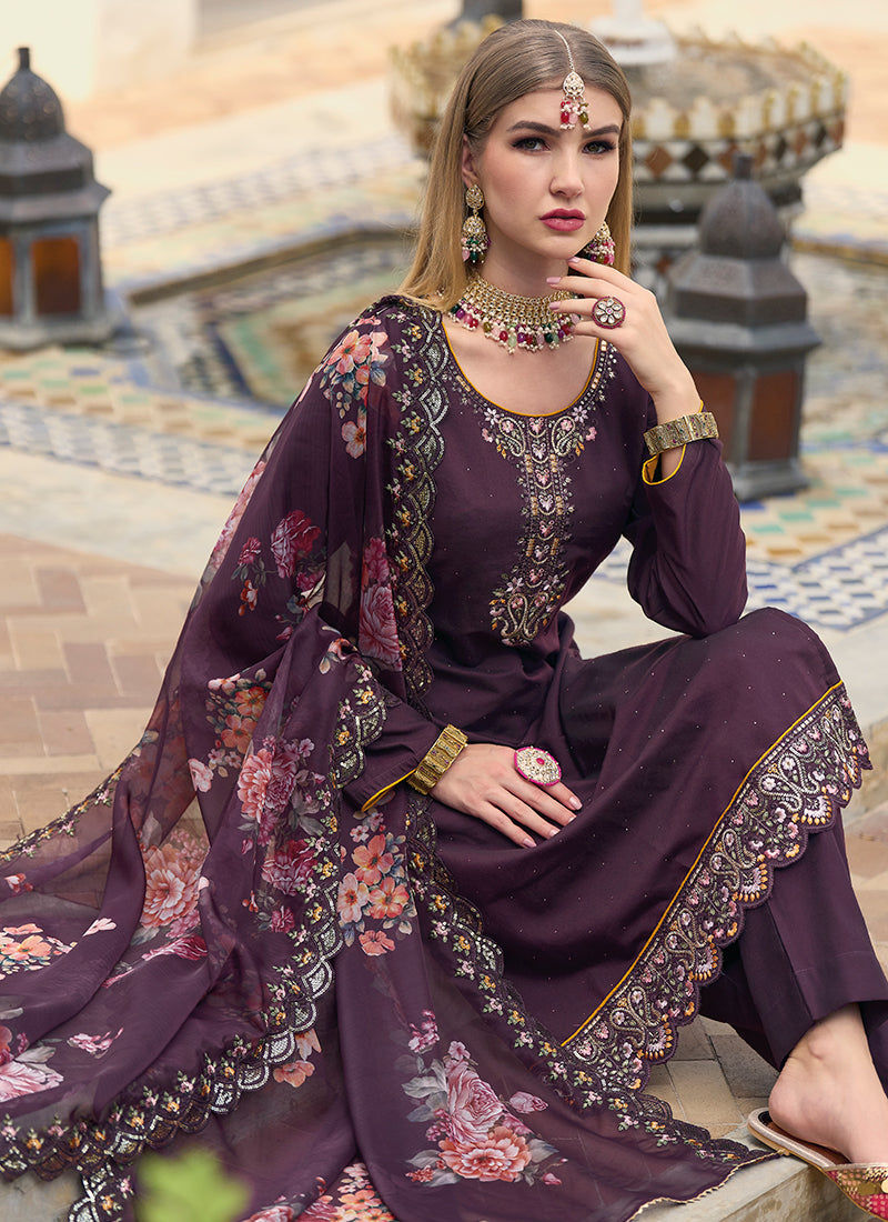 Deep Purple Multi Embroidery Pakistani Pant Style Suit