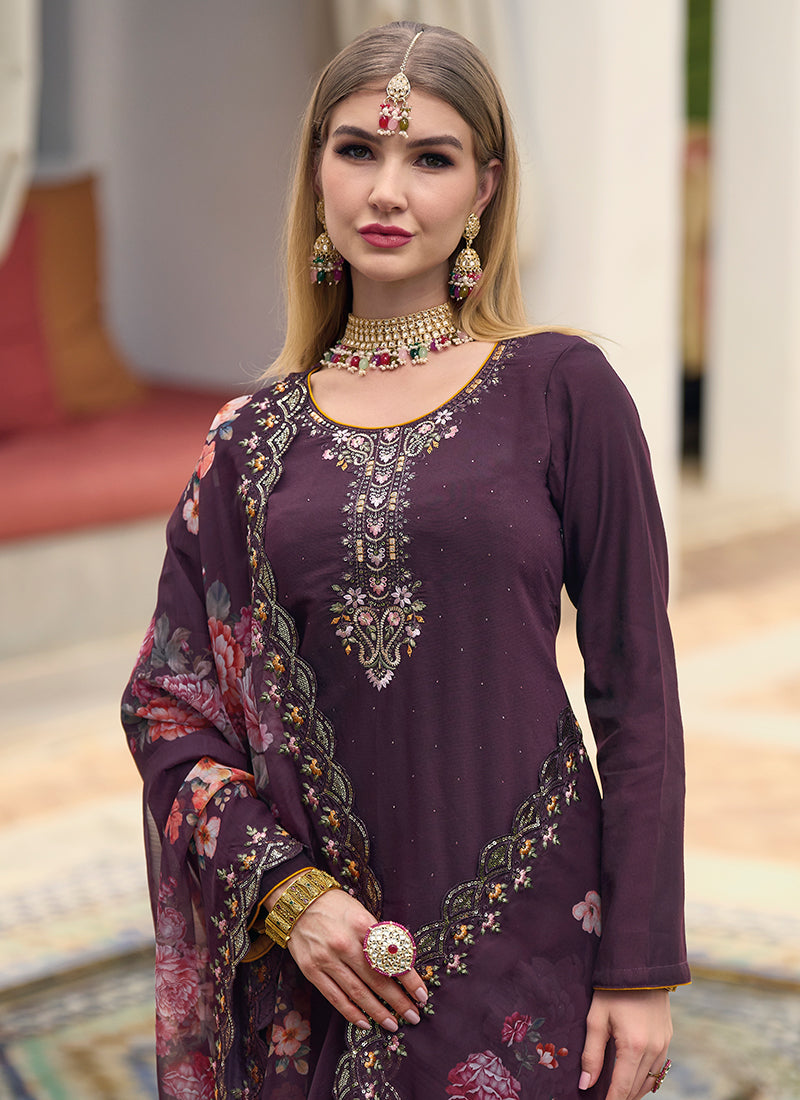 Deep Purple Multi Embroidery Pakistani Pant Style Suit