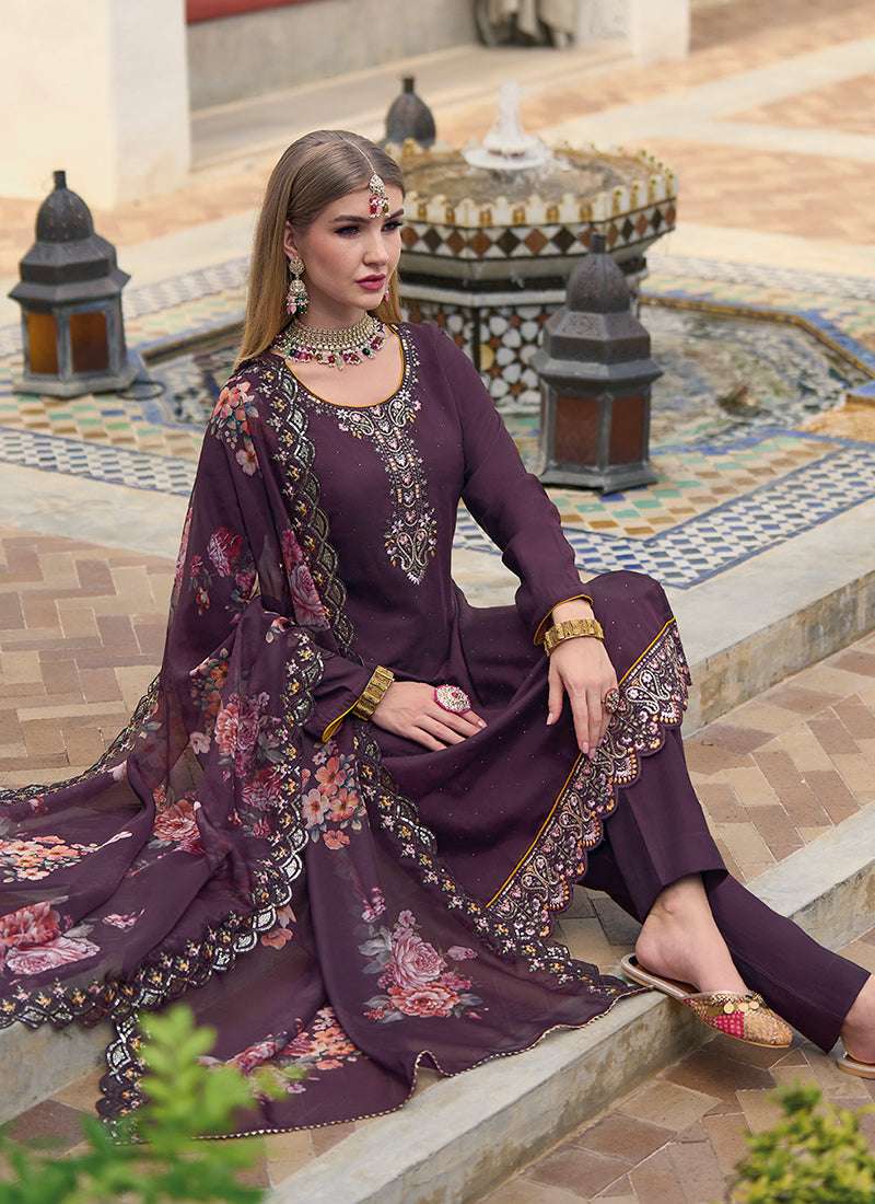 Deep Purple Multi Embroidery Pakistani Pant Style Suit