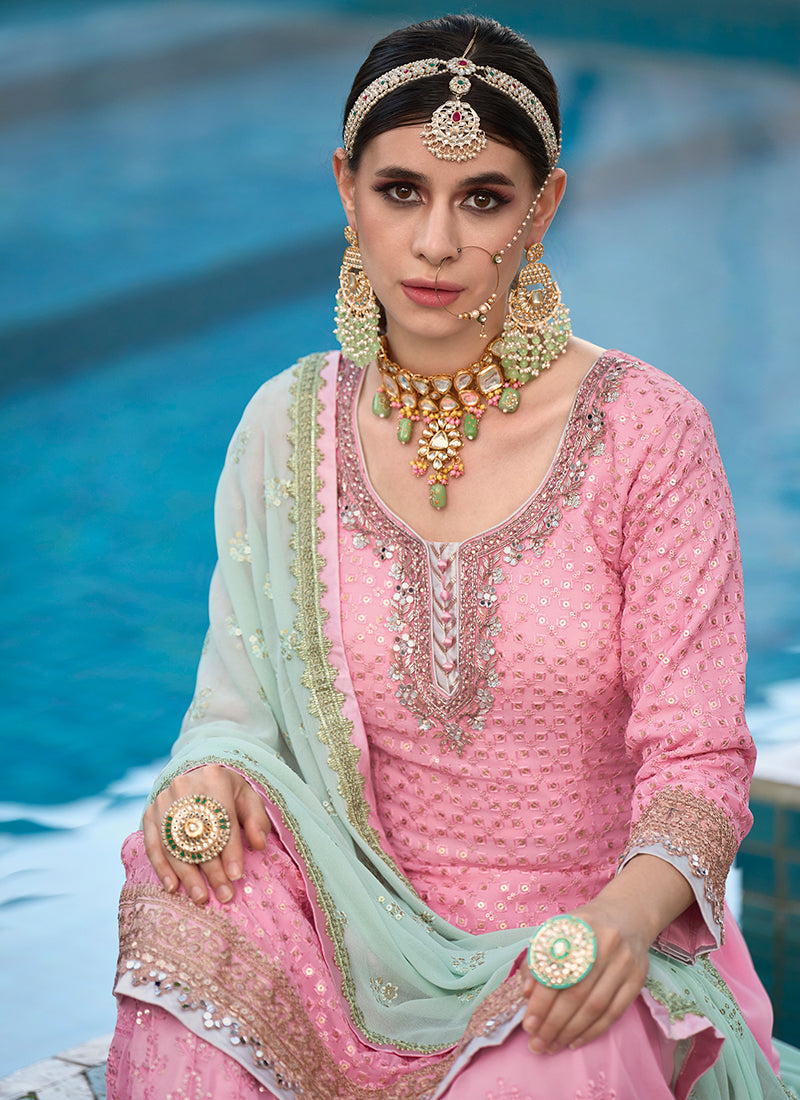 Pink And Teal Embroidery Designer Gharara Style Suit