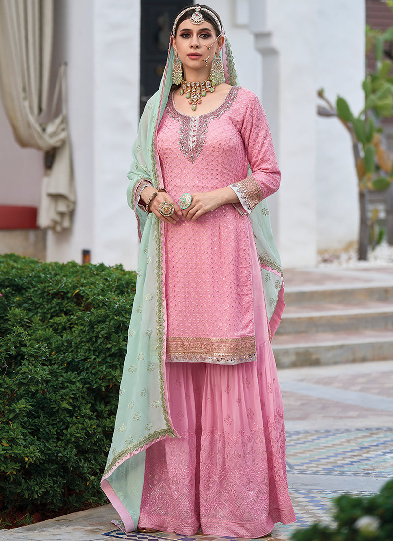 Pink And Teal Embroidery Designer Gharara Style Suit