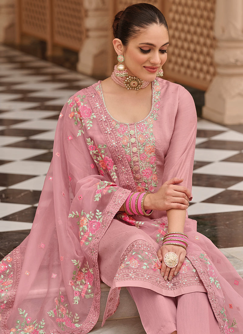 Pink Multi Embroidery Traditional Silk Salwar Kameez