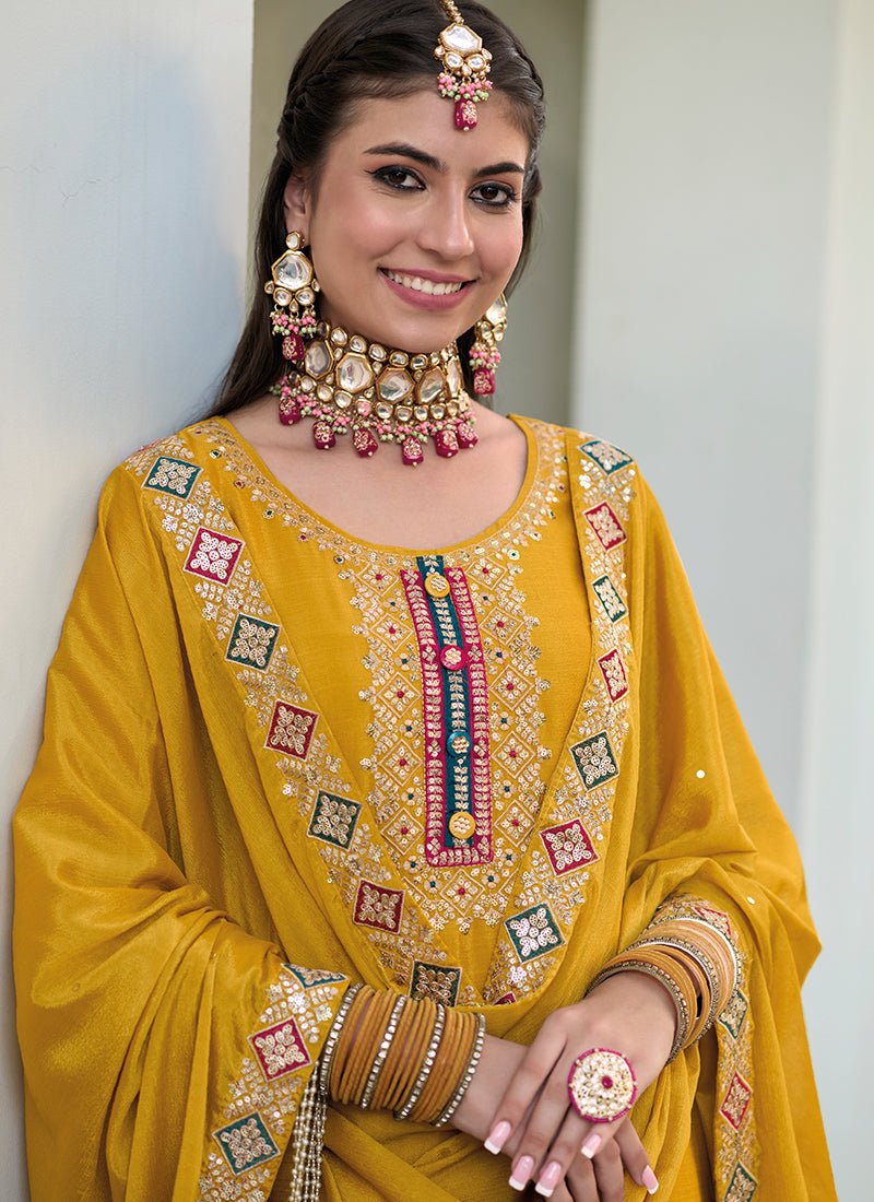 Yellow Multi Embroidery Traditional Gharara Style Suit