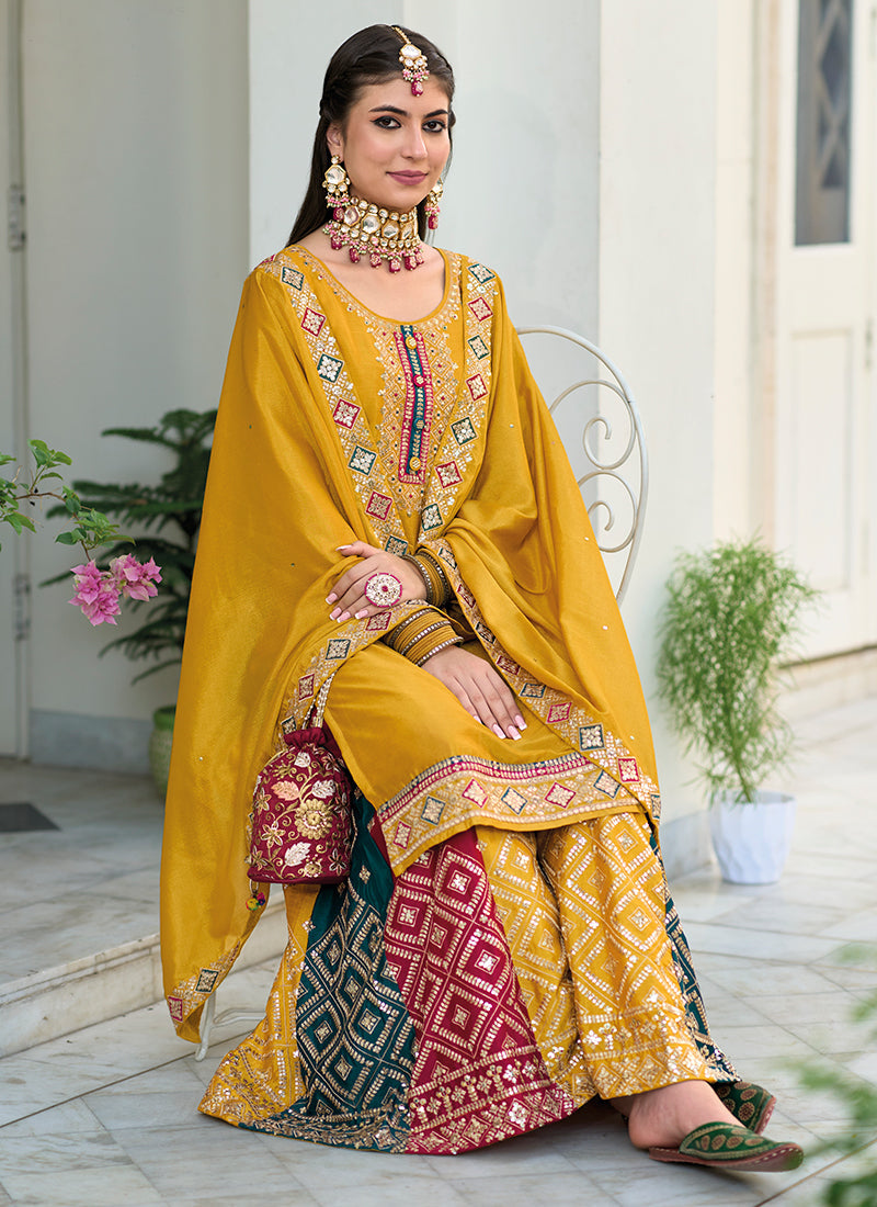 Yellow Multi Embroidery Traditional Gharara Style Suit