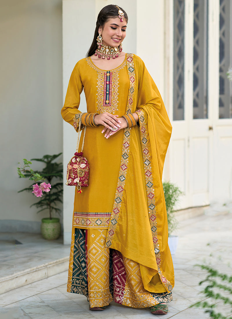 Yellow Multi Embroidery Traditional Gharara Style Suit