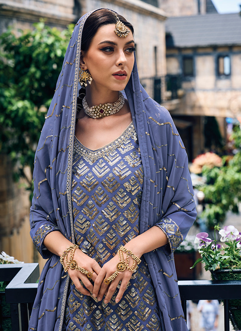 Indigo Blue Sequence Embroidery Festive Palazzo Suit