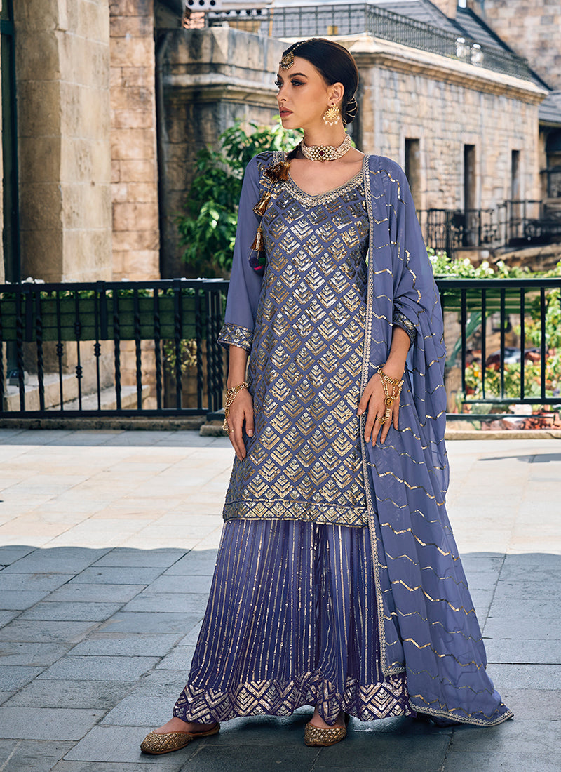 Indigo Blue Sequence Embroidery Festive Palazzo Suit