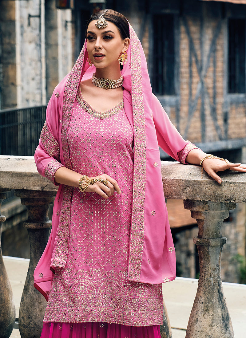 Pink Sequence Embroidery Festive Palazzo Suit