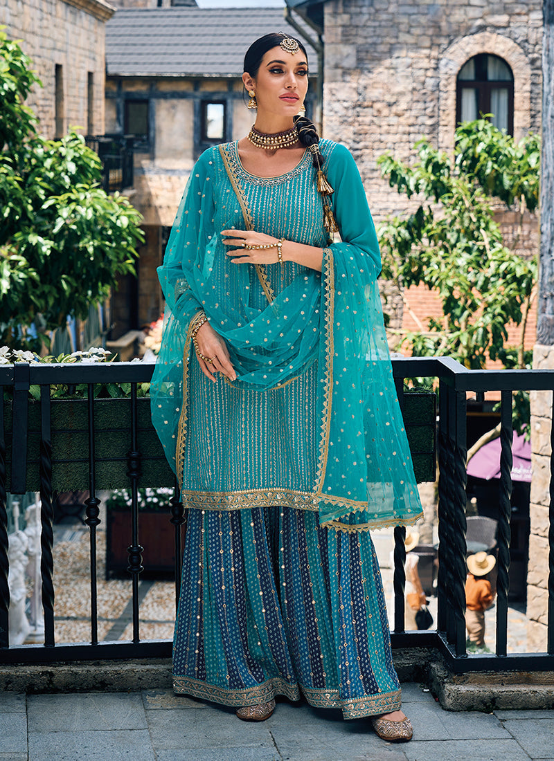 Turquoise Sequence Embroidery Festive Palazzo Suit